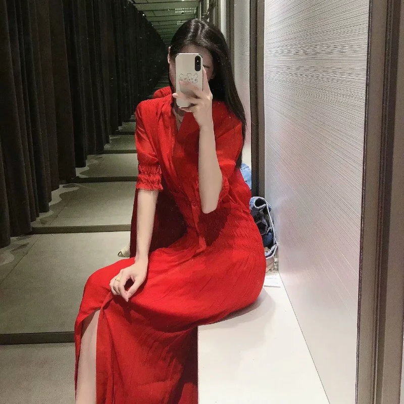 

Green Ruched Dress Women Elegant Pleated Dress Summer Solid Midi Dresses High Waist Women Sundress Casual Short Sleeve Vestido