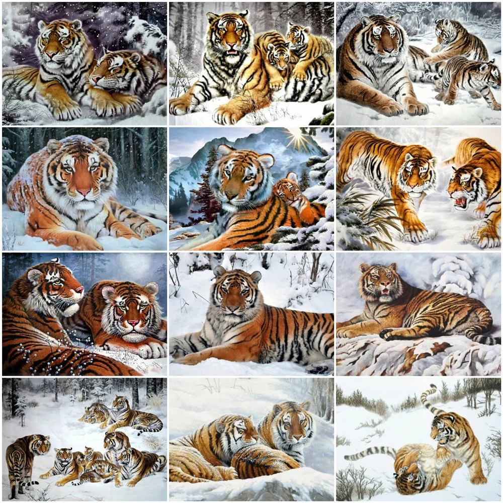 

HUACAN Oil Painting By Numbers Tiger Animal Drawing On Canvas DIY Pictures By Number Winter Kits Handpainted Christmas Gift