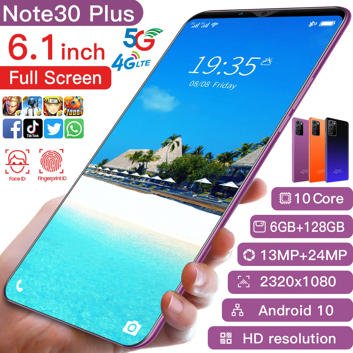 

Glaxy Note30 Plus 6.1Inch HD 4800mAh 6+128GB Cheap Smartphones 13+24MP Face ID Dual SIM+SD 4G 5G Network Andriod 10 Mobile Phone