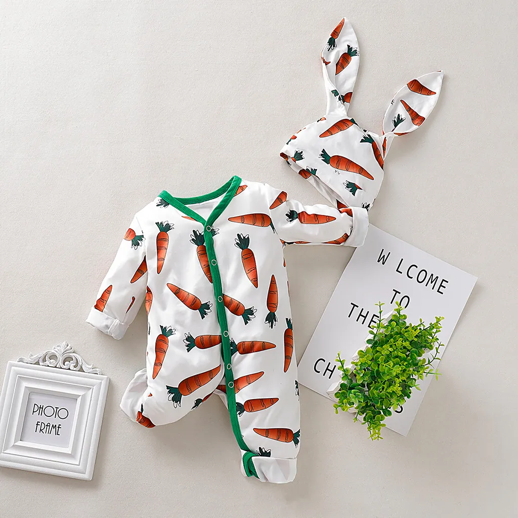 

Easter Outfit Infant Baby Boys Girls Cartoon Carrot Print Romper Jumpsuit With Rrabbit Ears Hat Set Baby Clothes Overalls @47