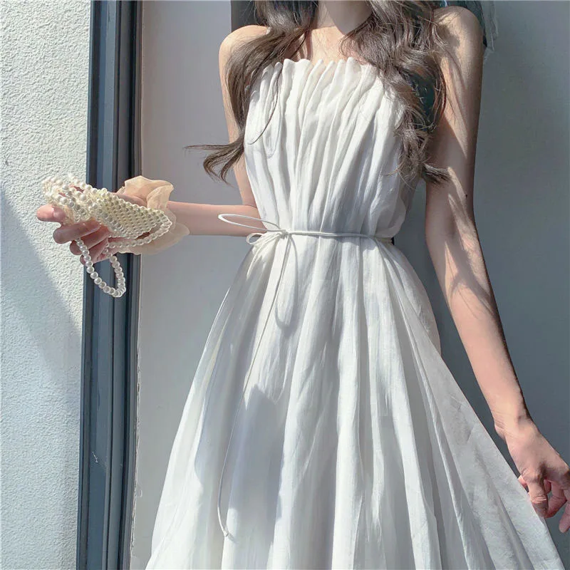 Летнее платье без рукавов 2021 года для женщин с элегантными лямками, бандажным дизайном, однотонным и тонким материалом, корейского стиля, для вечеринки.