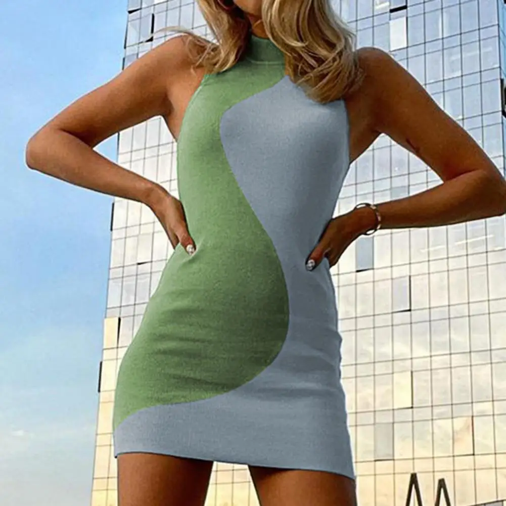 

Y2K Knit Bodycon Dress Women Sleeveless 2021 Summer Beach Turtleneck Print Patchwork Sexy Party Mini Dresses 90S Holiday