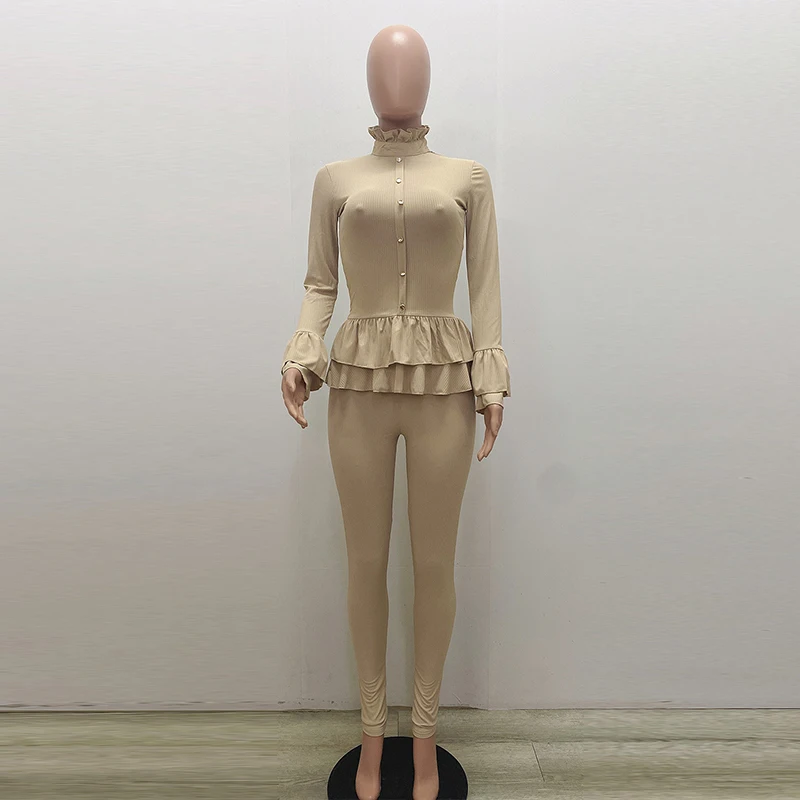

HAOYUAN Casual Knitted Two Piece Set Long Sleeve Ruffles Button Top Bodycon Pant Loungewear Outfits Women Fashion Matching Sets