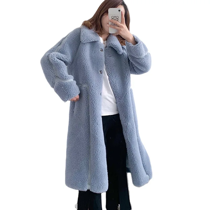 Sheep shearing coat pink women's new cardigan wool composite fur one medium long coat lamb wool fashion versatile fur coat