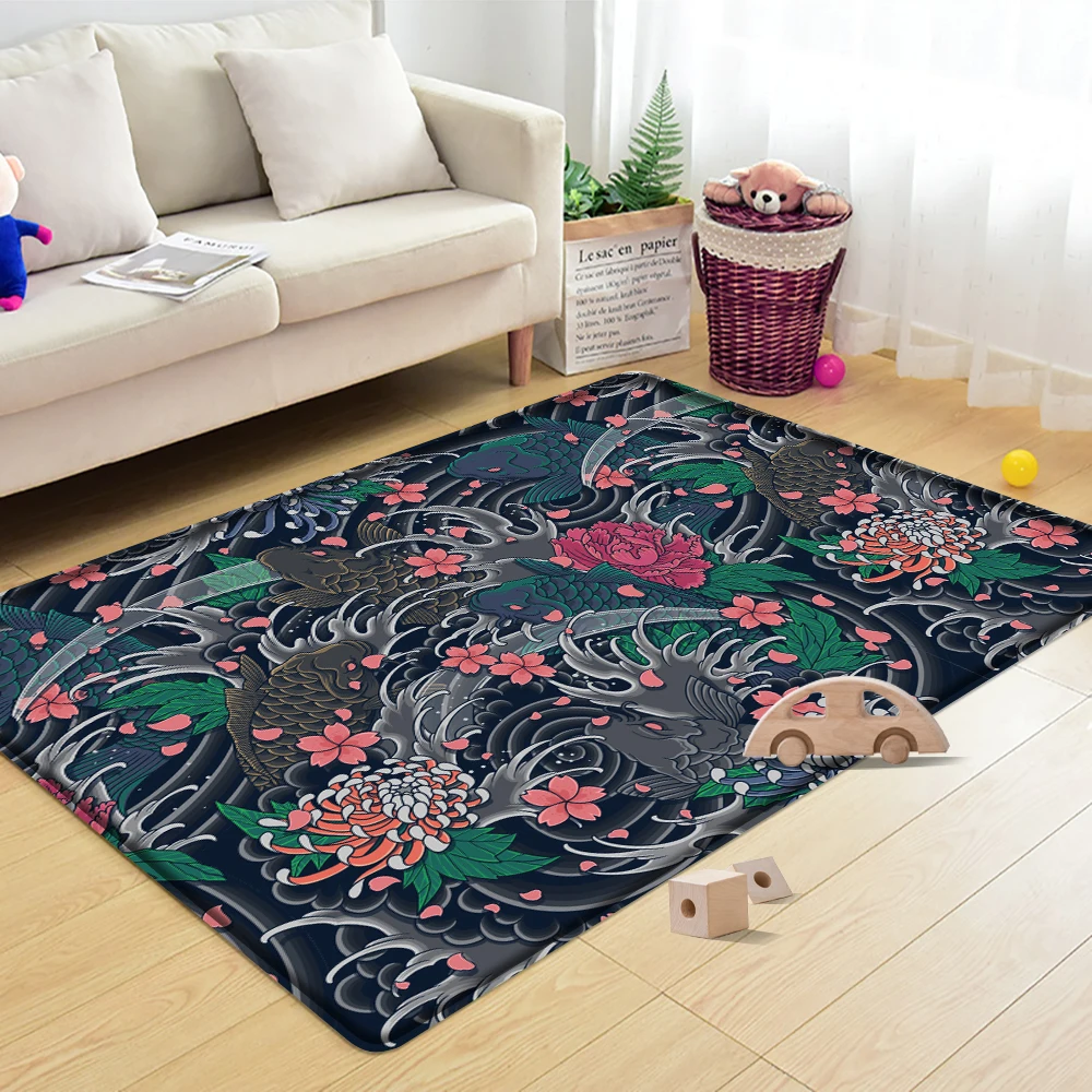 

Retro Style Colorful Floral Koi Fish Art Japanese Pattern Living Room Rug Carpets Flannel Non-slip Bedroom Carpet Tapis Salon