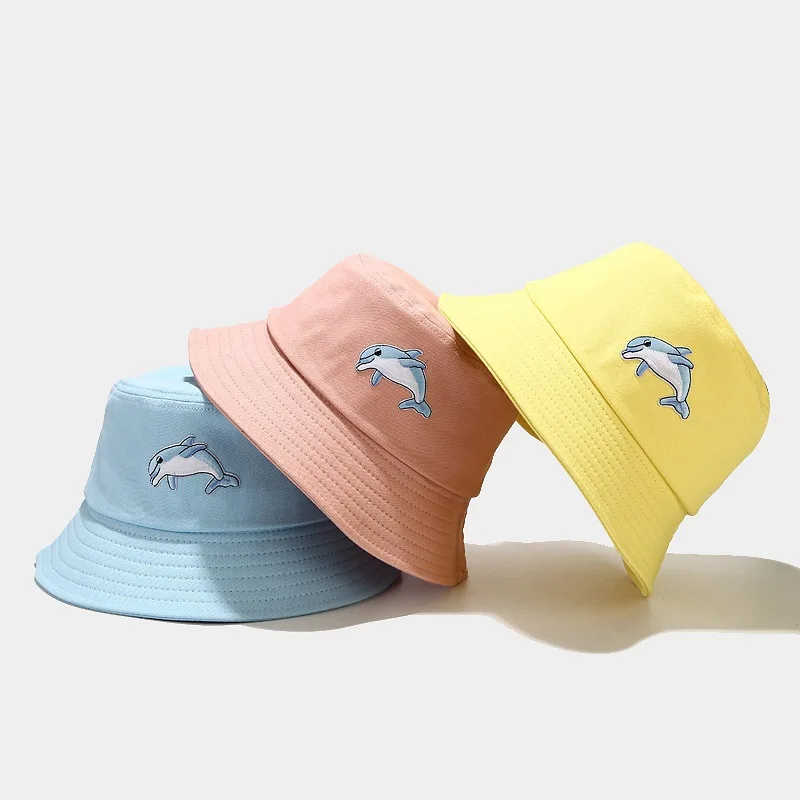 

New Cartoon Dolphin Pattern Fisherman Hat Simple Macaron Color Women's Bucket Hat Summer Sun Protection Hat Unisex Panama Cap