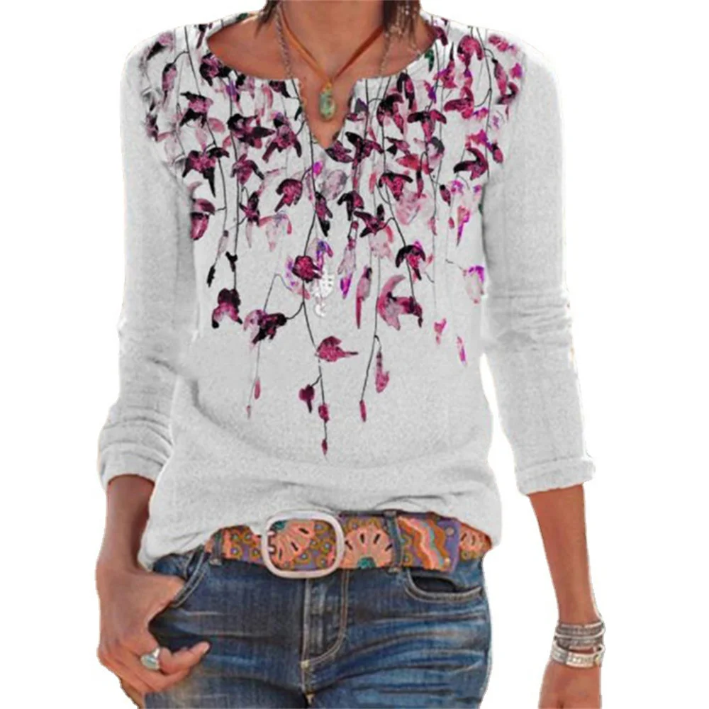 

2021 Autumn Women Clothing Casual Loose Splice Loose Long Sleeve T-Shirts Ladies Fashion Floral Printed V-Neck Cotton Pullover