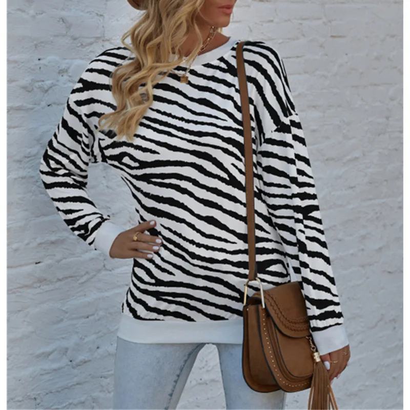 

Oversized 3xl 2xl Zebra Striped Print Tunic Long Sleeve O Neck Woman T Shirts Casual Office Work Fall Spring Streetwear 2021 New