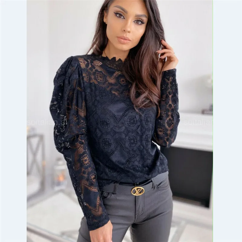 Черная кружевная рубашка женские открытые кружевные цветочные футболки блузки