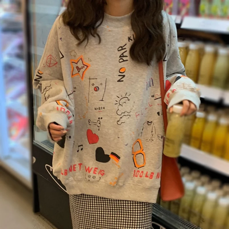 

Spring Autumn Thin Coat Korean Style Graffiti Student Loose Sweatshirts Women's OuterWear Pullover O-Neck New Knit All-Match Top
