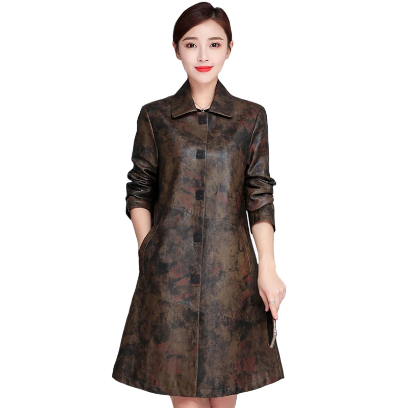 

Autumn Winter Women Leather Jackets Fashion Loose Retro Printed Faux Leather Jackets Women Pu Leather Trench Coat