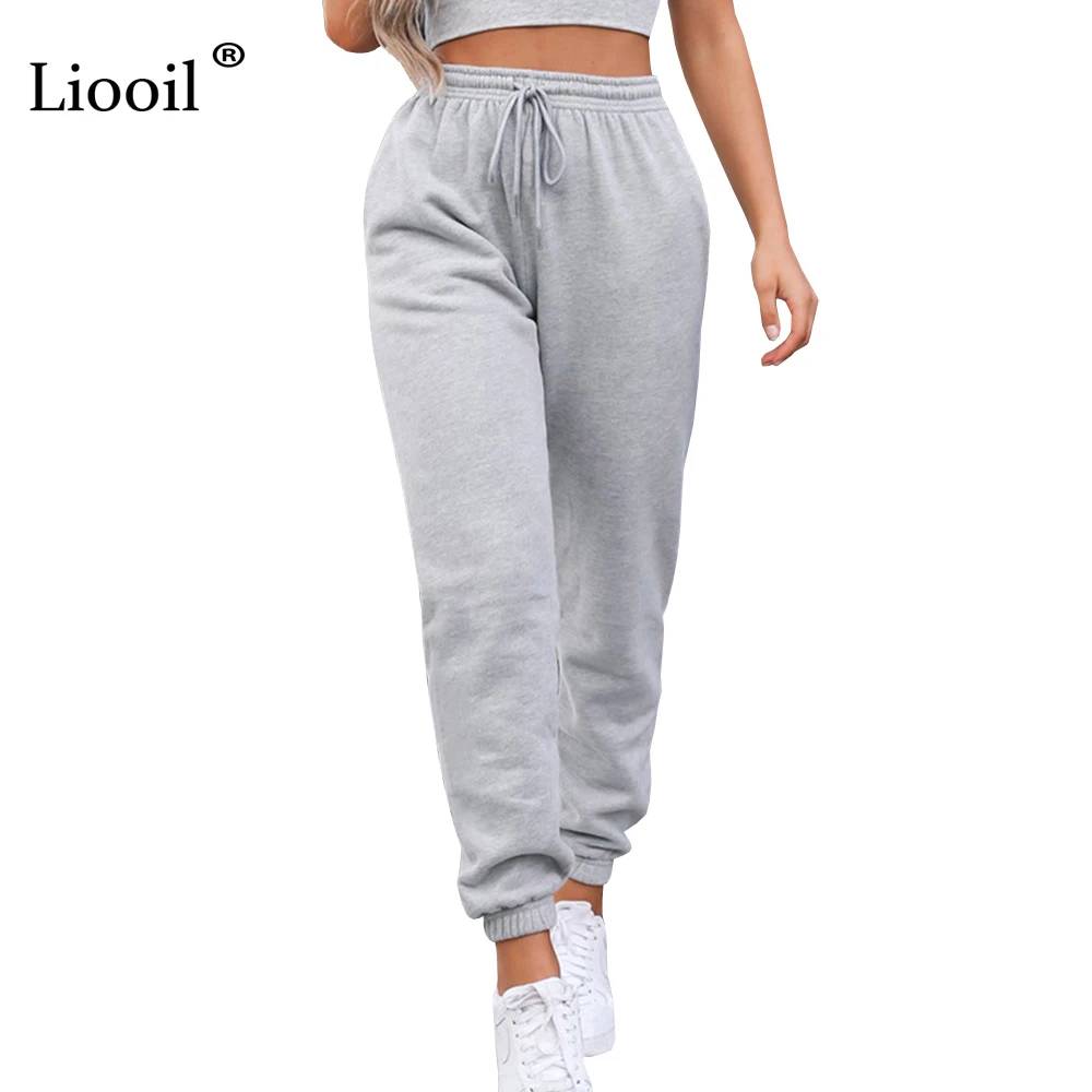 

Liooil Sexy High Waist Loose Fleece Sweatpants Trousers With Pocket 2021 Fall Winter Black White Baggy Joggers Women Sweat Pants