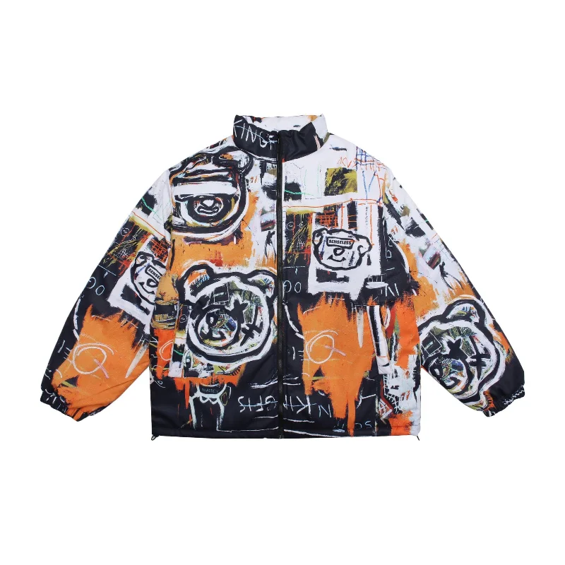 

Men Tie Dye Padded Jacket Hip Hop Graffiti Bear Print Harajuku Winter Jacket Mens Streetwear Casual Loose Parkas Outwear Unisex
