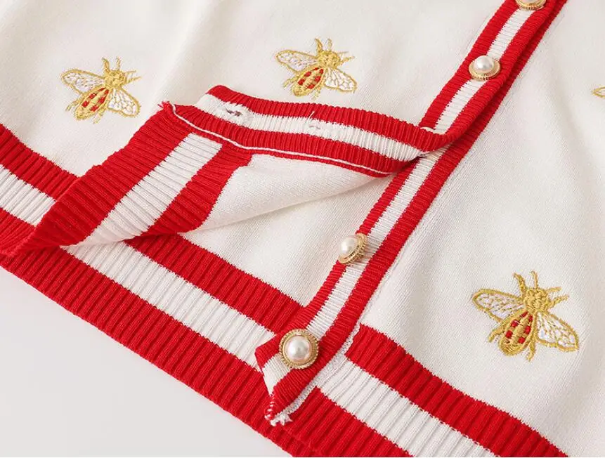 

High Quality Fashion Designer Bee Embroidery Cardigan Long Sleeve Single Breasted Contrast Color Button Knitted Sweaters w365