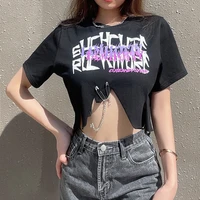 summer fashion slim punk style print letters short sleeve tee sml chain safety pin woman casual short cotton t shirt crop top