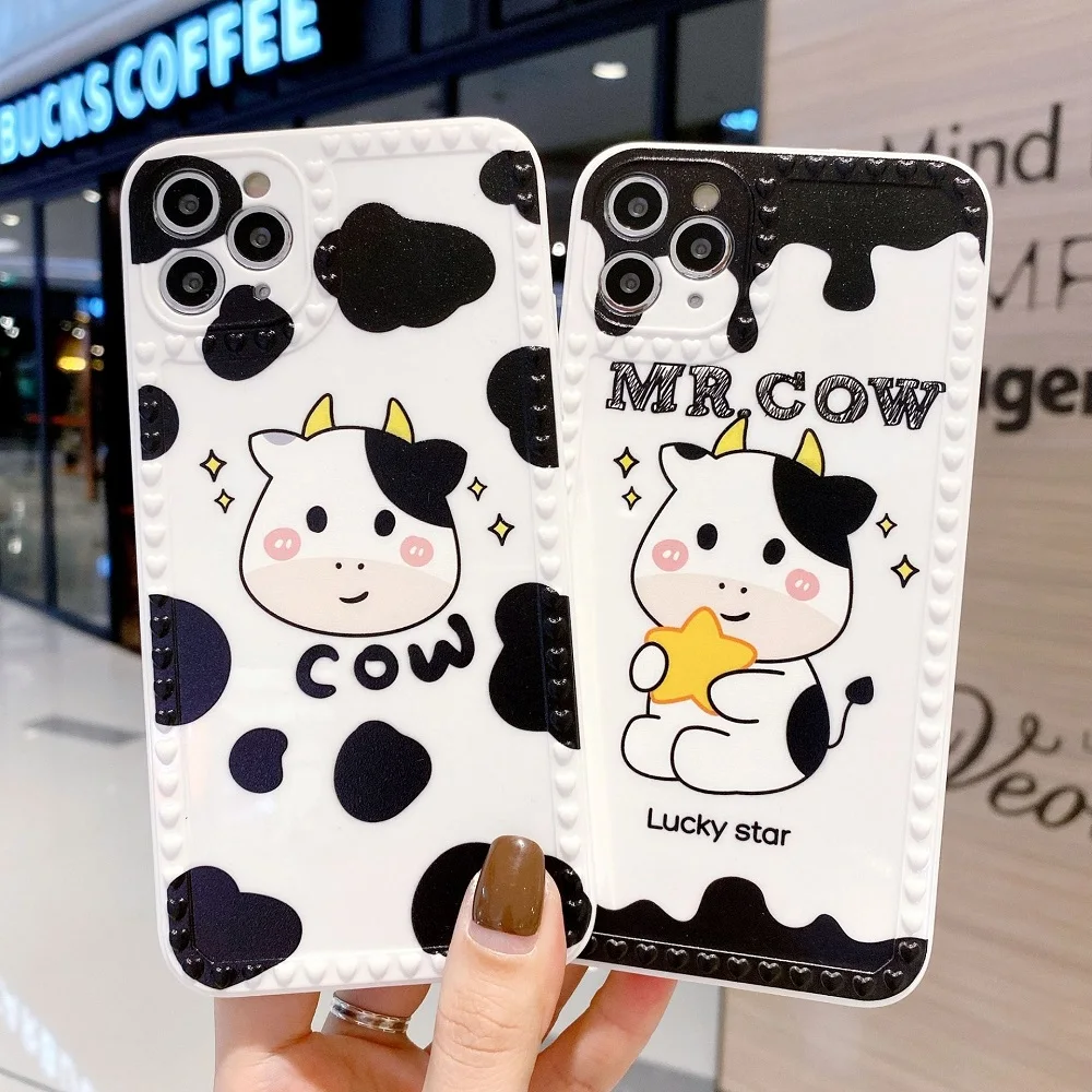 

Cute Cartoon Cow Phone Case For iPhone 12 11 Pro Max 7 8 Plus X XR XS Max SE2020 12Mini Camera Protection Soft Bumper Back Cover
