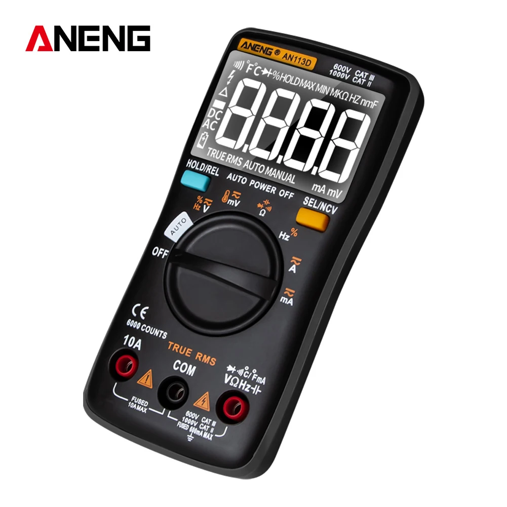 AN113D Digital Multimeter 6000 Counts Electrical Transistor Tester Temperature Auto Ranging AC/DC Voltage Meter for Electrician