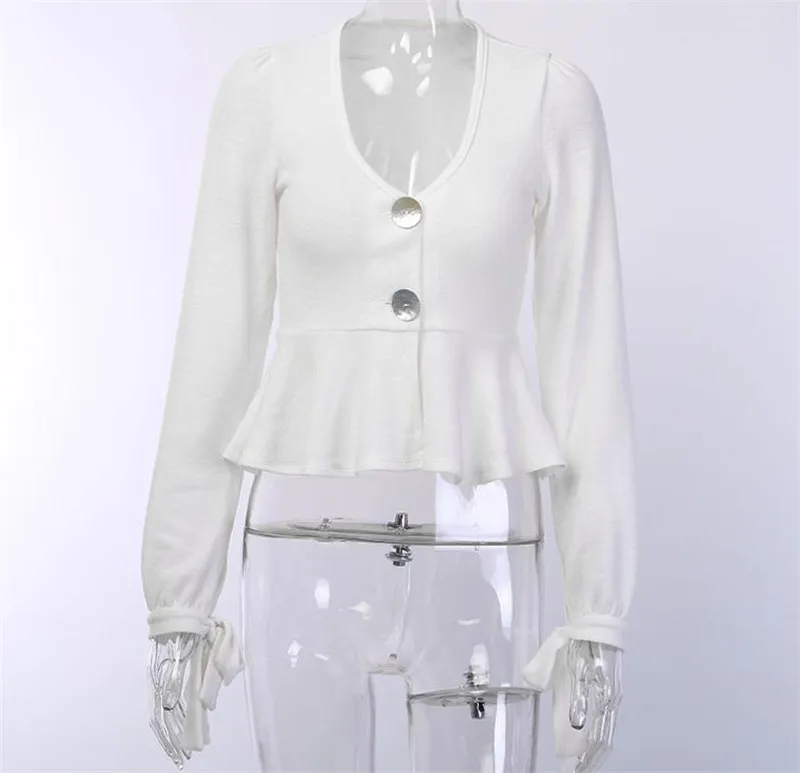 

Spring Autumn White New Elegant V neck Long Sleeve Ruffles Knitted Shirt Stretch Cotton Button Sexy Tops Tees 2019 Womens Cloth