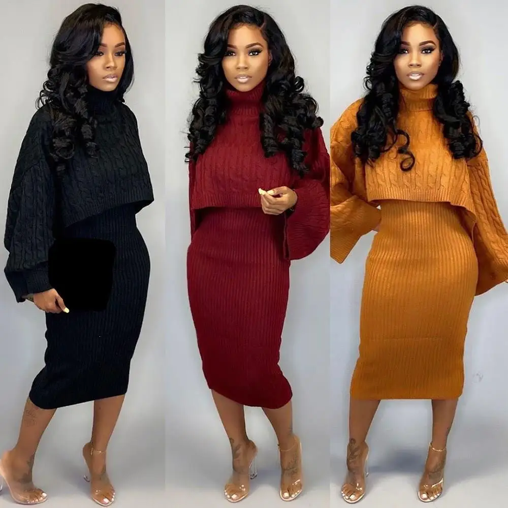 Сексуальный свитер с высоким воротом мини платье комплект из двух предметов