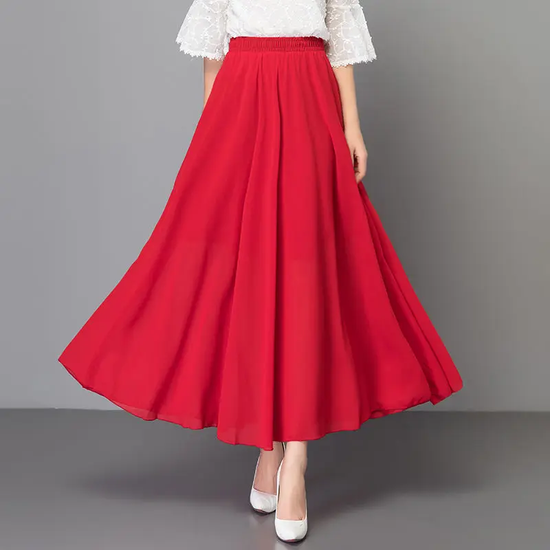 

2020 Bohemia Long Skirts Women Stretch High Waist Solid Chiffon A-Line Skirt Casual Pleated Maxi Skirt Faldas Saias J42