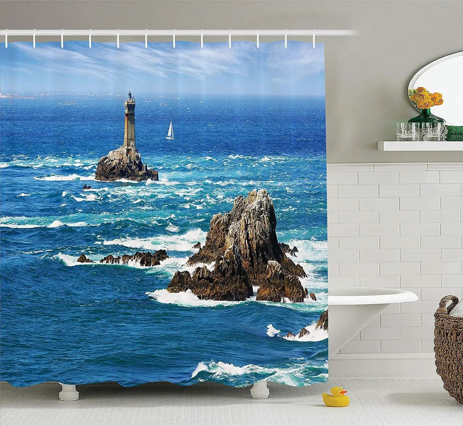 

Занавеска для душа с изображением маяков, волнистых волн, океана и прозрачного неба, роккейных островов, парусная лодка, ткань для ванной ко...