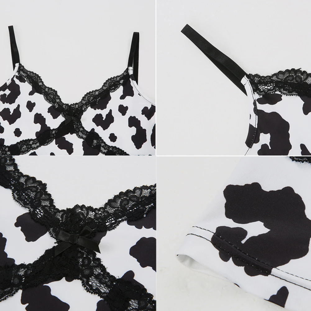 Женский укороченный топ составного кроя с кружевными краями коровьим принтом