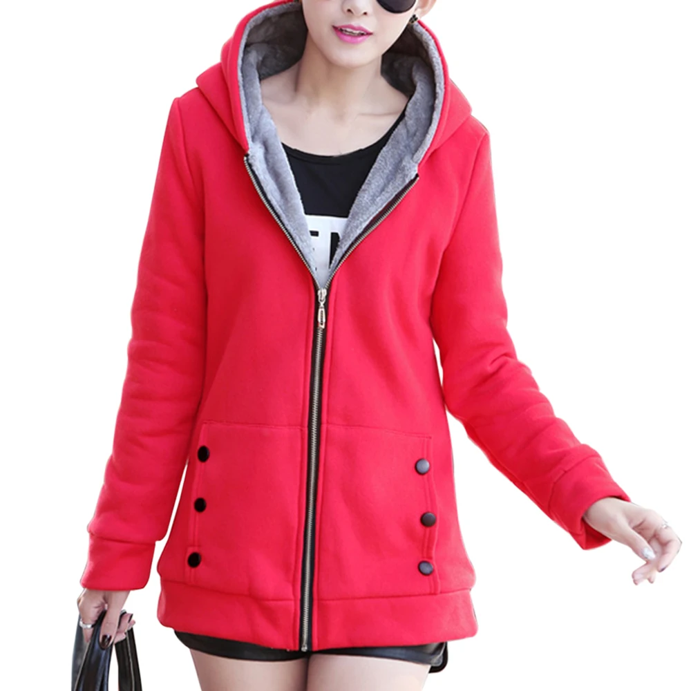red vertvie winter jacket women solid hooded thick fleece casual jacket female fashion slim plus size coats streetwear jackets Mujer - Color: red