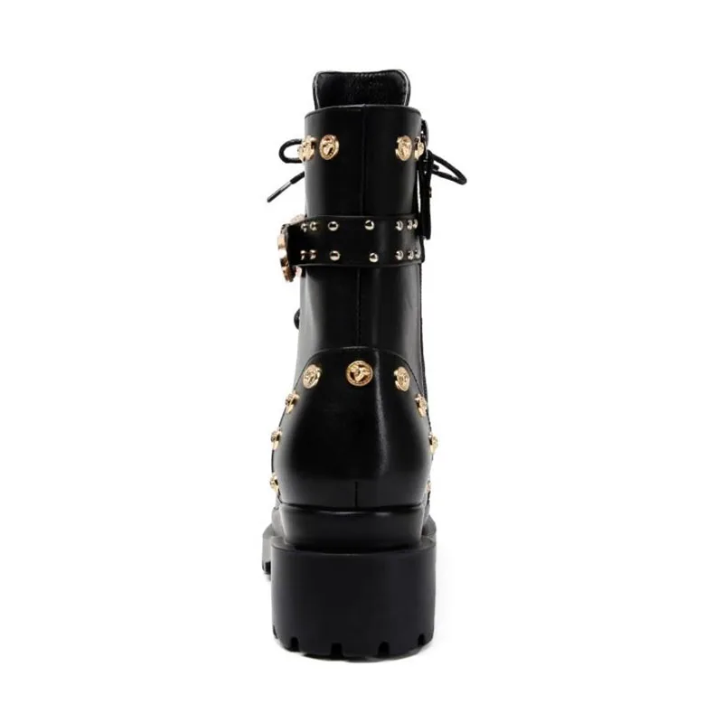 RIZABINA 2020 Punk Rivets Women Ankle Boots Genuine Leather Motorcycle Zipper Round Toe Brand Footwear Size 34-39 | Обувь