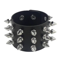 high quality gothic three row cuspidal spikes rivet wide cuff pu leather punk gothic rock unisex bangle bracelet men jewelry