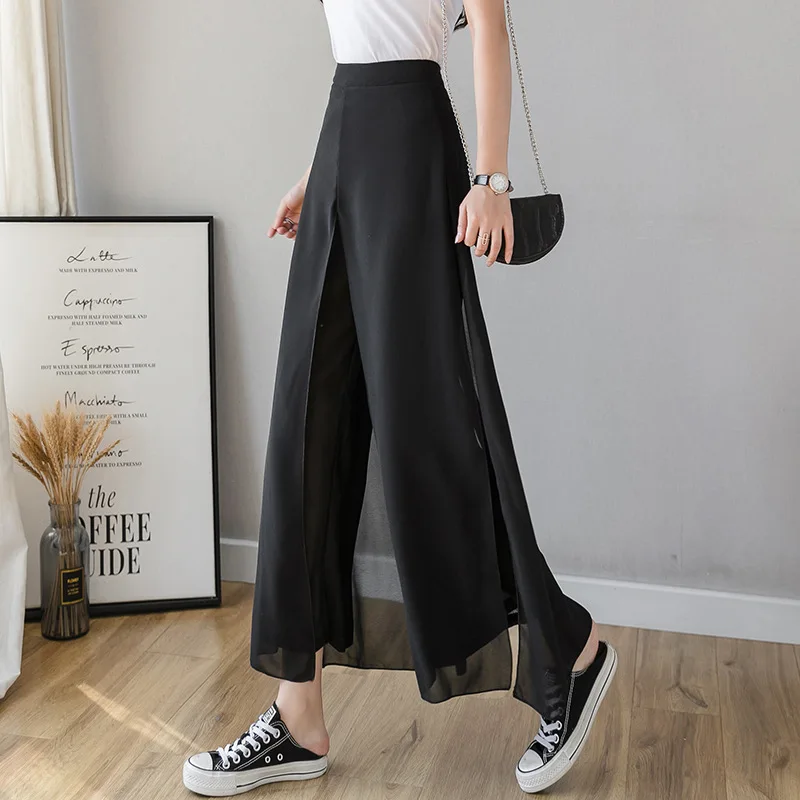 

women's summer thin section high waist drape loose straight casual ice silk split nine-point culottes white