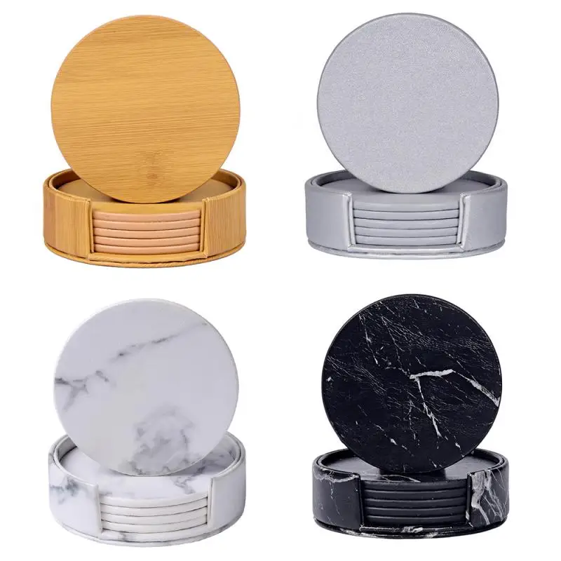 

A Set Of 6 Pieces Pu Leather Elegant Marble Coaster Drink Coffee Cups Mat Easy-to-clean Placemat Round Tea Mat Table Mat Holder