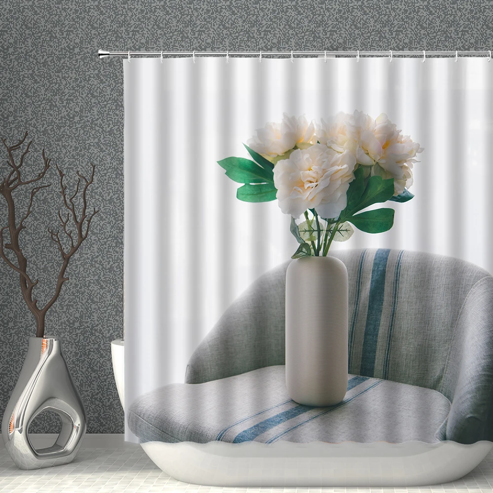 

Flower Arrangement Shower Curtain Modern Minimalist Creative Pattern Waterproof Polyester Fabric Household Decorative With Hooks