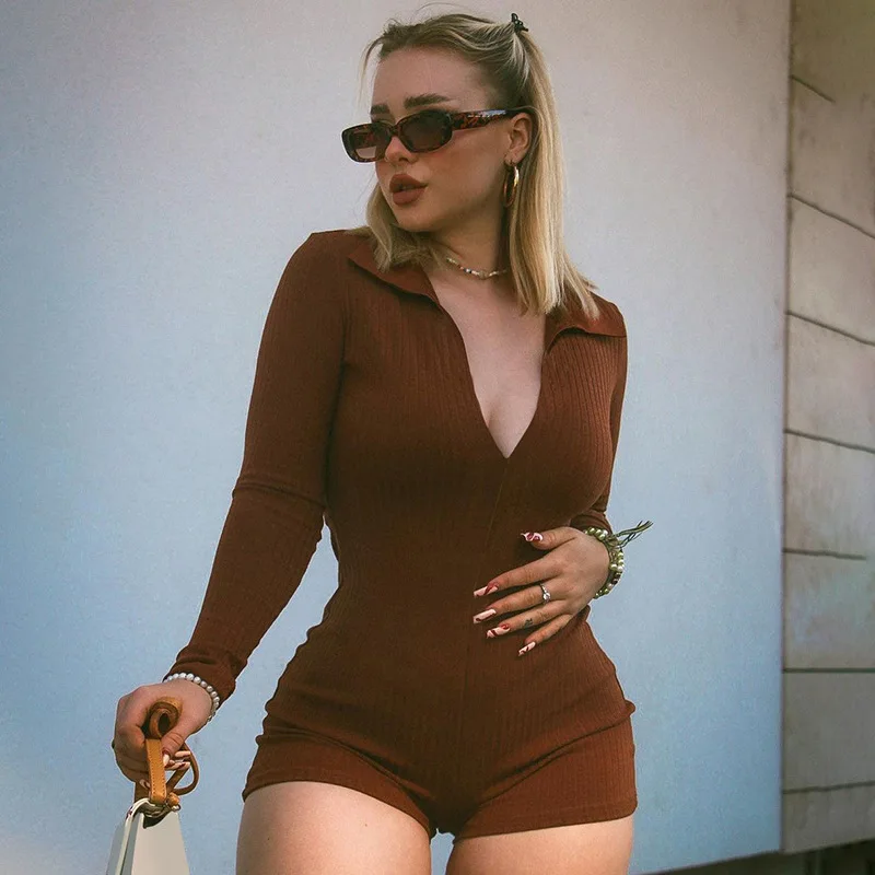 

Autumn Playsuit Women Long Sleeve Romper Sexy Bodycon Female Casual Ribbed Knitted Shorts Bodysuits V Neck Fashion Rompers