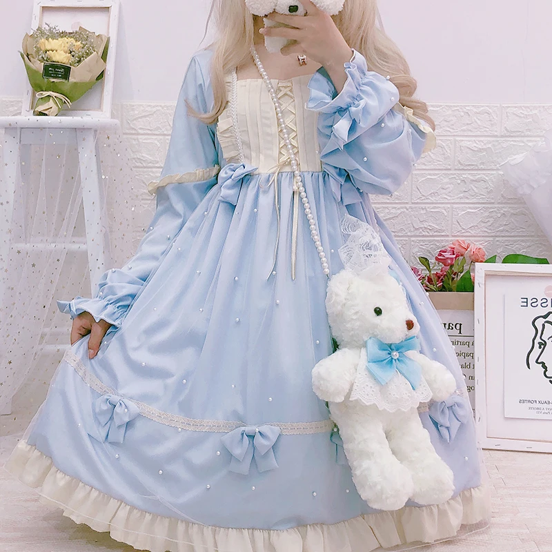 

Pearl Doll Princess Tea Party Sweet Lolita Dress Elegant Vintage Bowknot Japanese Sweet Victorian Dress Kawaii Girl Loli OP