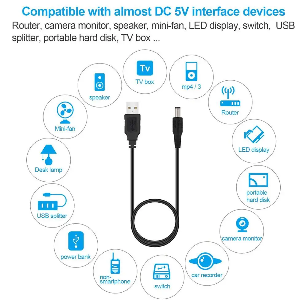 USB 2 0 A штекер в постоянный ток 5 5x2 1 мм 24AWG DC разъем для зарядки Цилиндрический