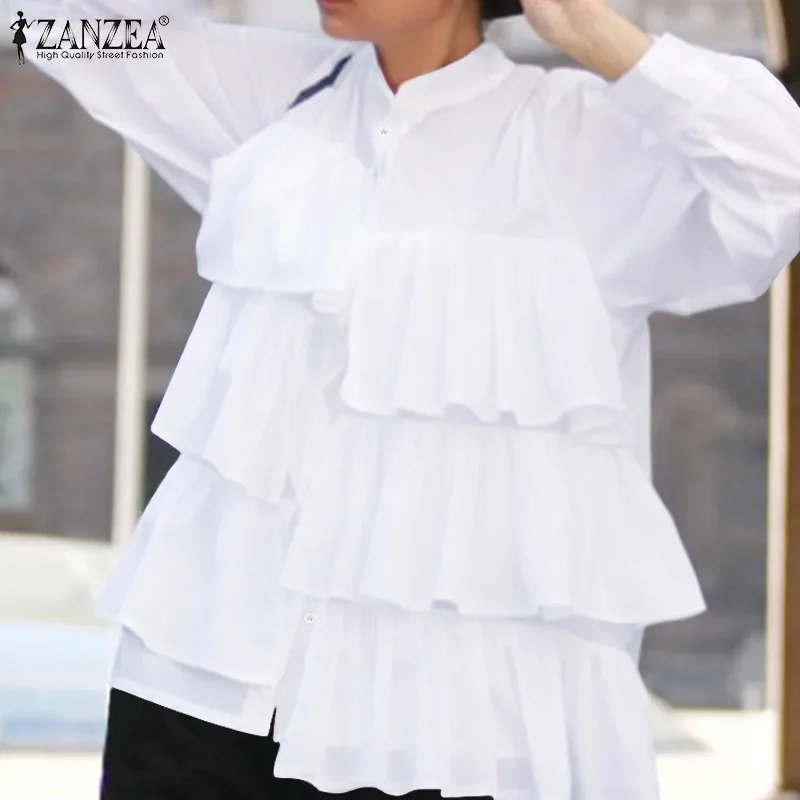 

Oversized ZANZEA Women Ruffles Shirt Autumn Casual Work Blusas Femininas Party Tops Elegant Long Sleeve Solid Flounce Blouse