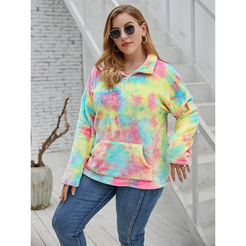 Fioncrow Tie-Dye Hoodie Women's Plus Size Y2K Pullover Pocket Lapel Long Sleeve Sports Casual Loose Autumn Women's Clothing