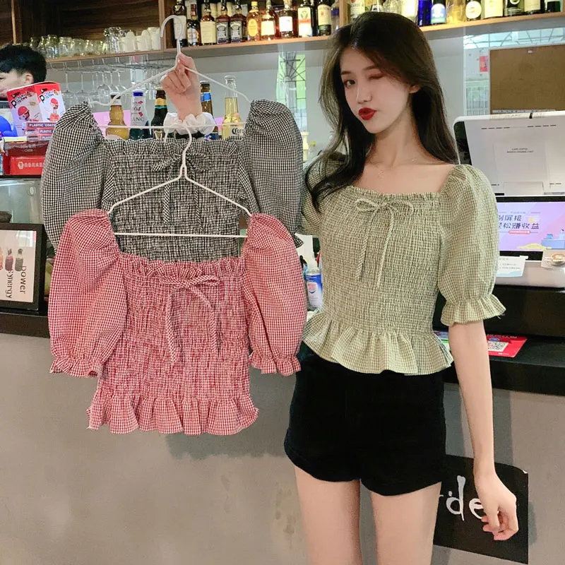 

Women Summer Plaid Puff Sleeve Casual Short Shirt Students Japan Preppy Style Cute Kawaii Blouse Top Blusa