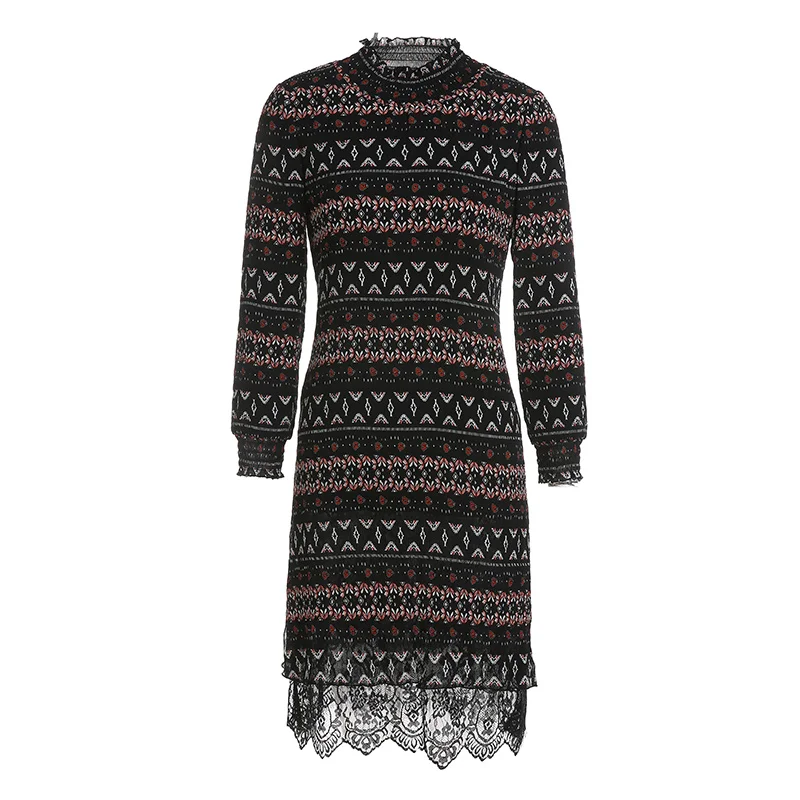 

Gowani Bohemian Dress Fall Women Winter Clothes 2021 Fashion Black Lace Fair Isle Wool Long Sleeve Designer Retro Knitted Dress