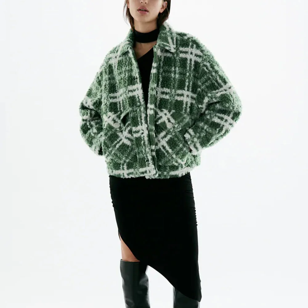 

DiYiG WOMAN 2021 New Fashion Casual Plaid Fleece Jacket Top Loose Retro Lapel Single-breasted Pockets Chic Outerwear