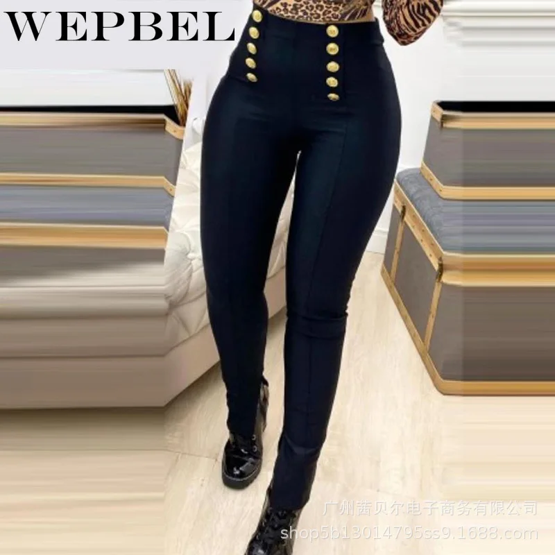 

WEPBEL Women Elegant Long Pencil Pants Ladies Casual Buttons Skinny High Waist Leggings Slim Fit Stretch Trousers