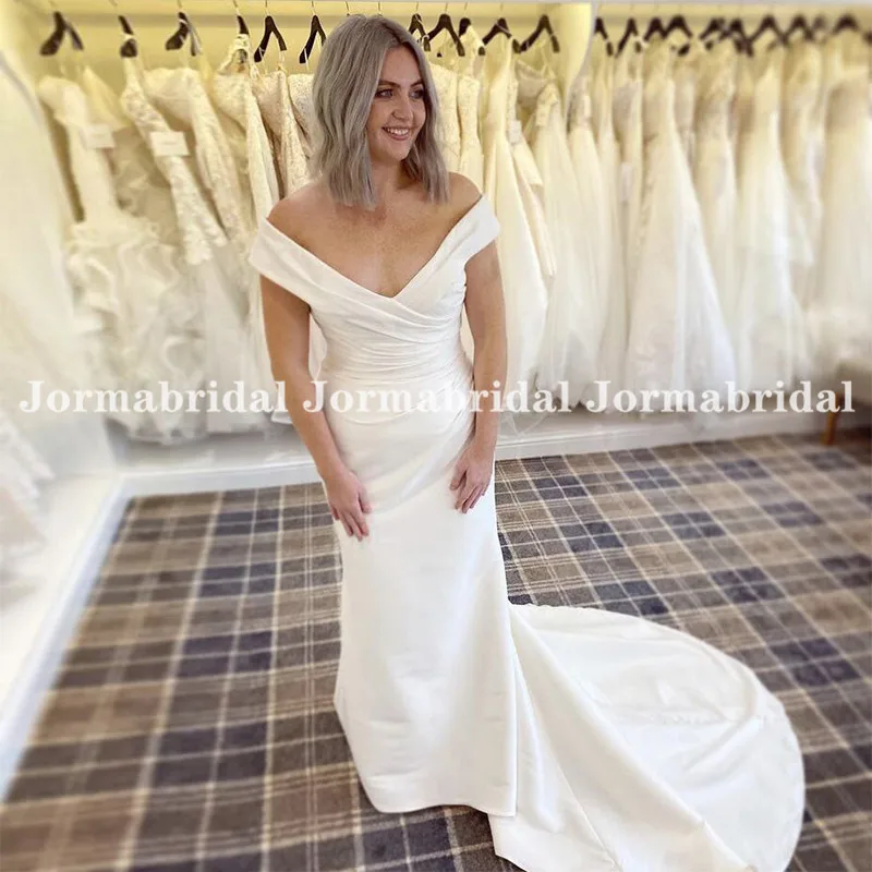 

Платье с открытыми плечами Русалка богемное свадебное платье с v-образным вырезом складка атласная дешевые пляжные Свадебное платье развертки Поезд Свадебная вечеринка платья Новые