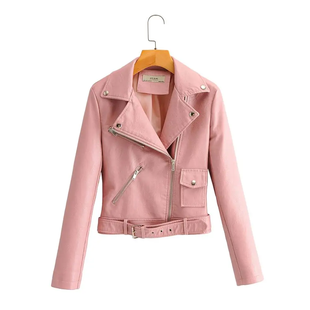 

Women Faux Soft Leather Jacket Punk Short Biker Jacket Coats Female Motorcycle Turn-down Collar belt zipper Outerwear