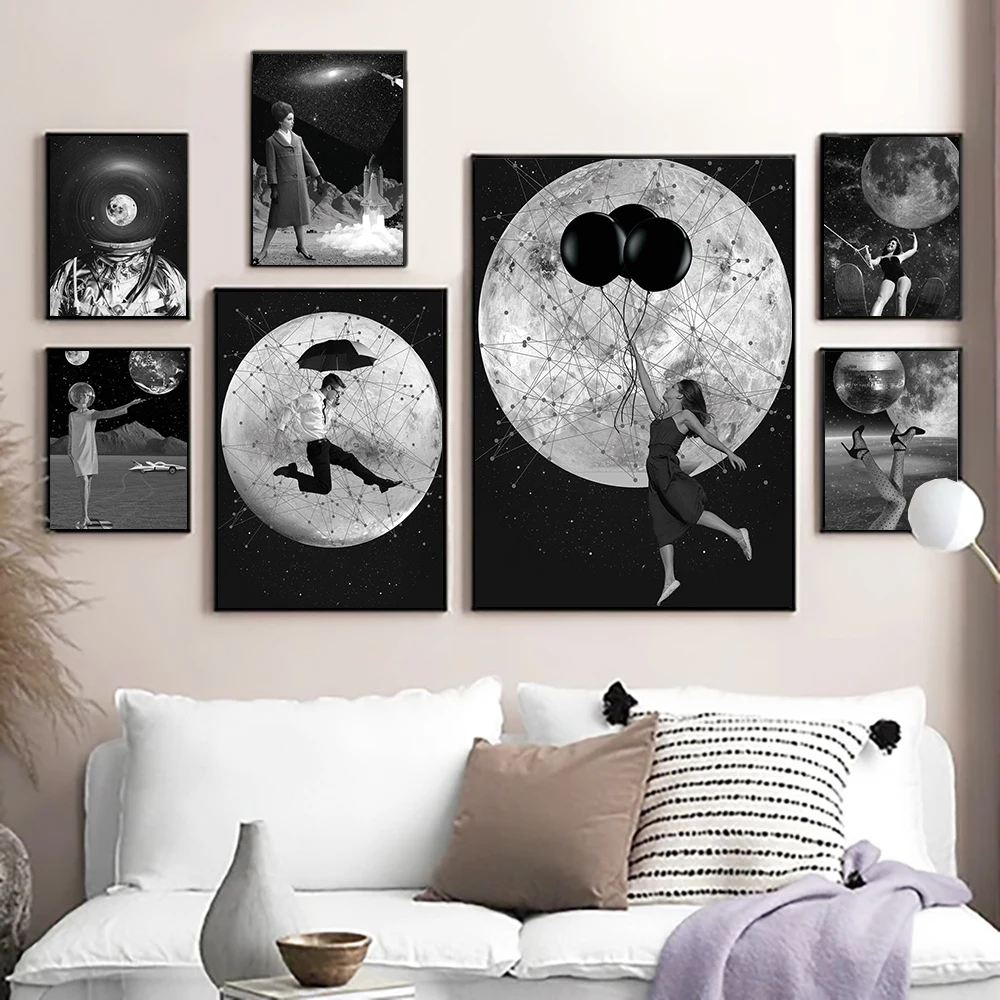 

Surreal Woman Girl Sun Moon Balloon Canvas Painting Print Black and White Poster For Living Room Wall Pictures Home Salon Decor
