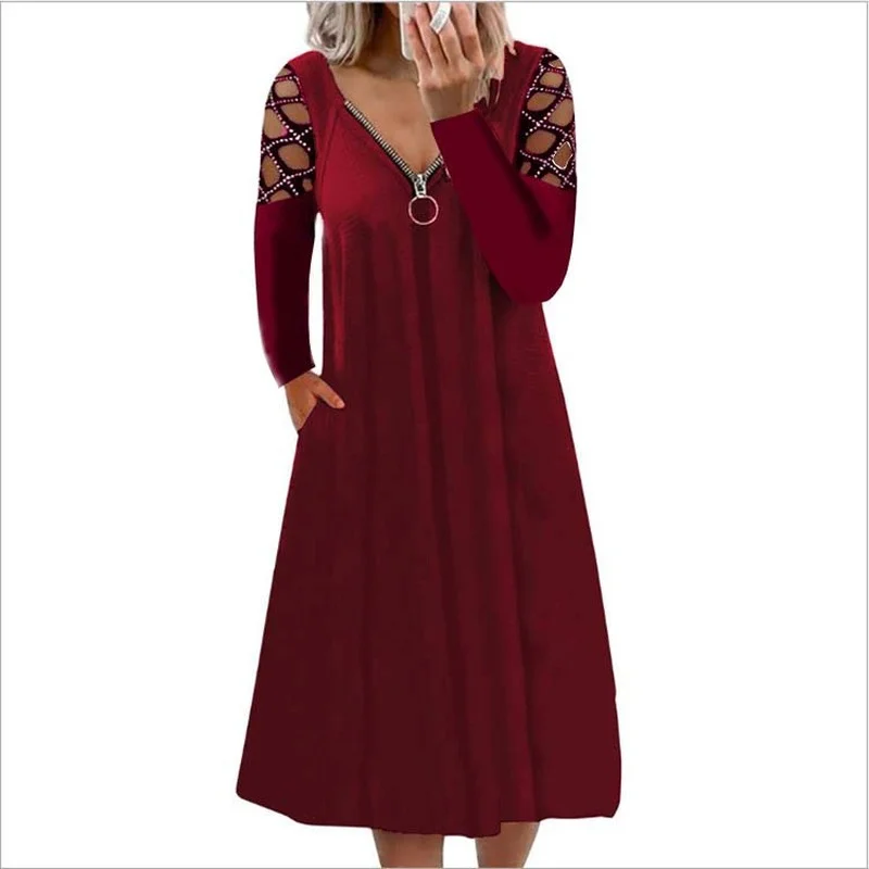 

Donsignet Women Dress Autumn Winter 2021 New Women's V-neck Solid Color Hollow Out Long Sleeve Diamonds Dress Vestido Feminino
