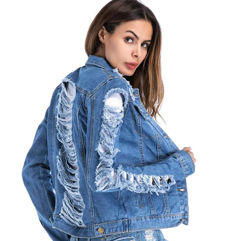 Женская джинсовая куртка большого размера 5XL с отрывными дырками весна осень 2020