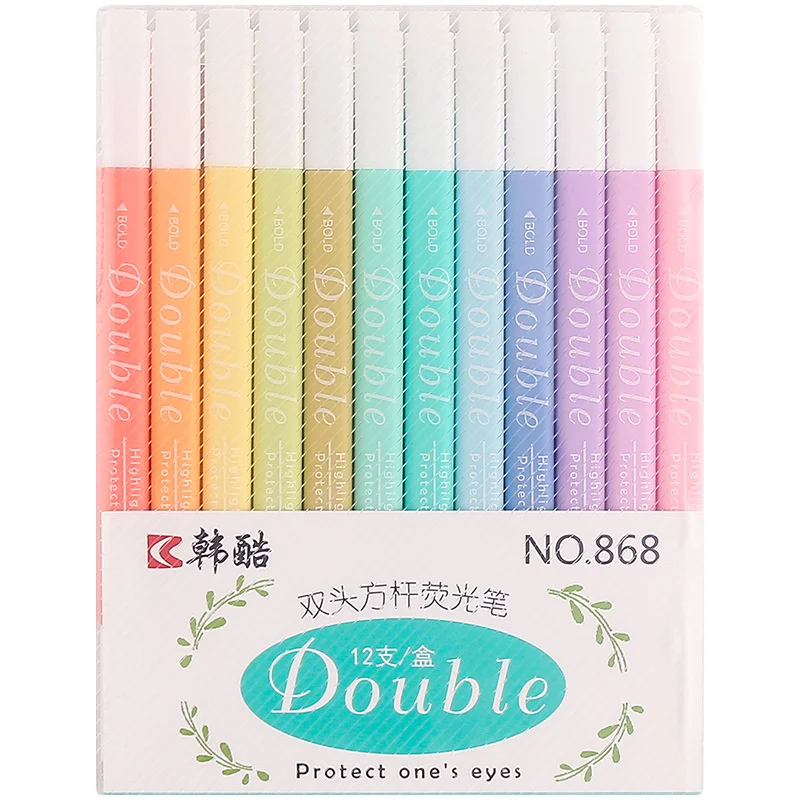 

12 Colors Double Head Square Pole Fluorescent Pen Set Light Color Hand Account Note Key Marker Student Stationery