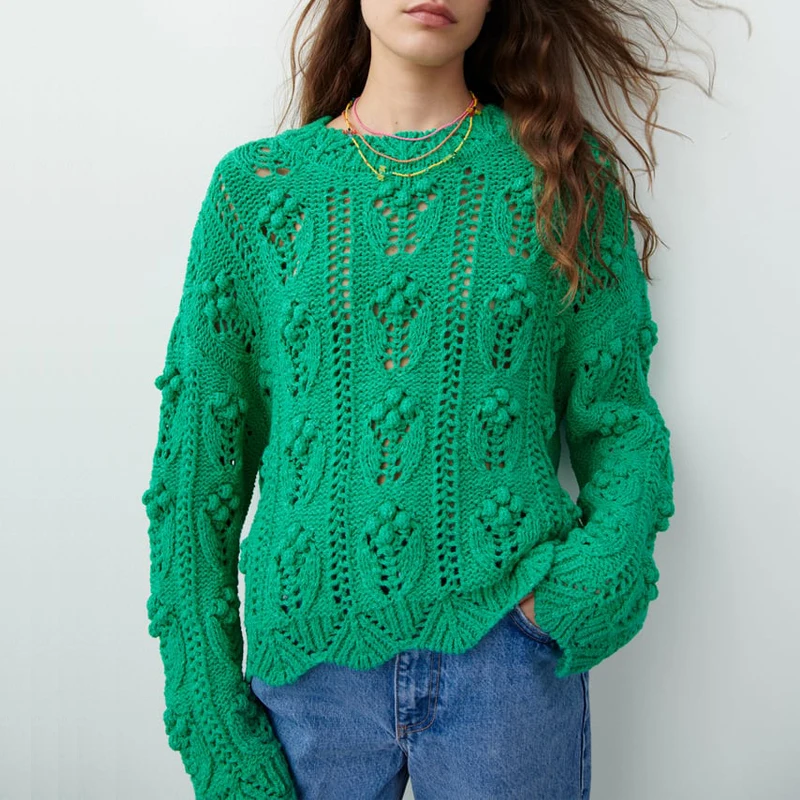 

Za 2021 Green Sweater Woman Pompoms Knitted Sweater Women Cut Out Long Sleeve Cropped Sweater Autumn Fashion Pullovers