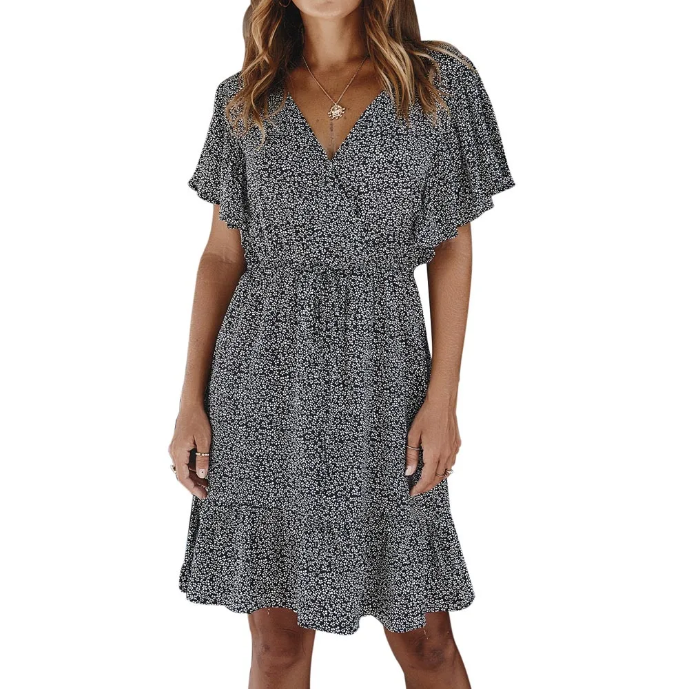 

Women Dot Print V Neck Ruffles Bandage Dresses Summer Short Sleeve boho beach Mini Dress