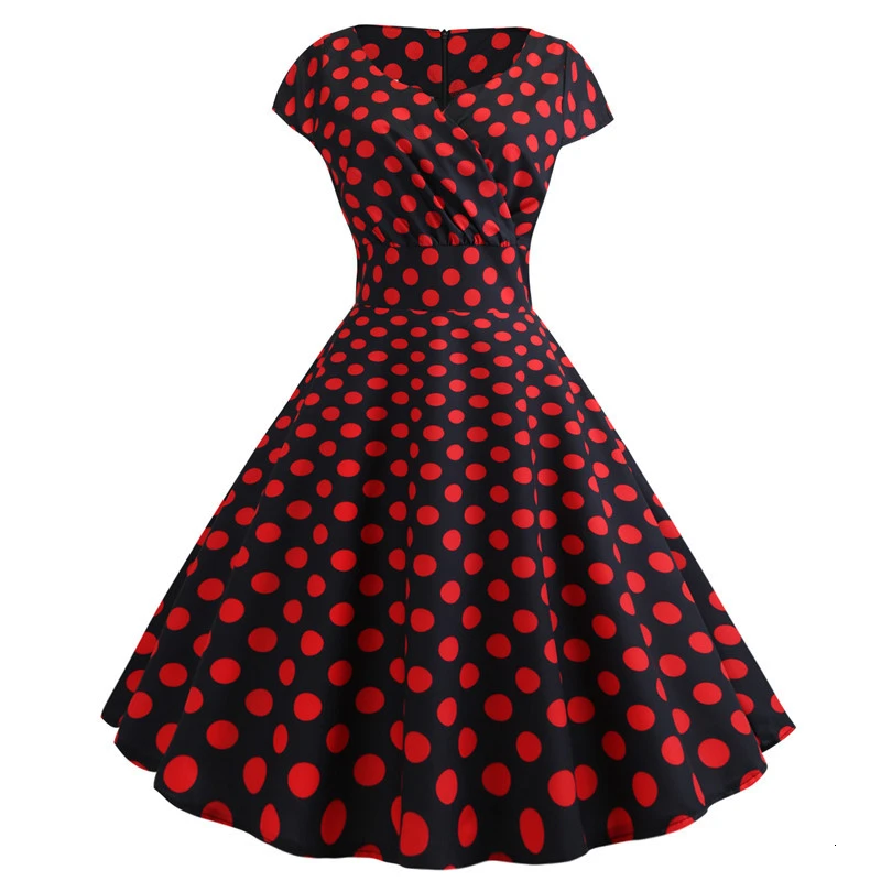 Летнее красное женское платье в горошек с v-образным вырезом и коротким рукавом